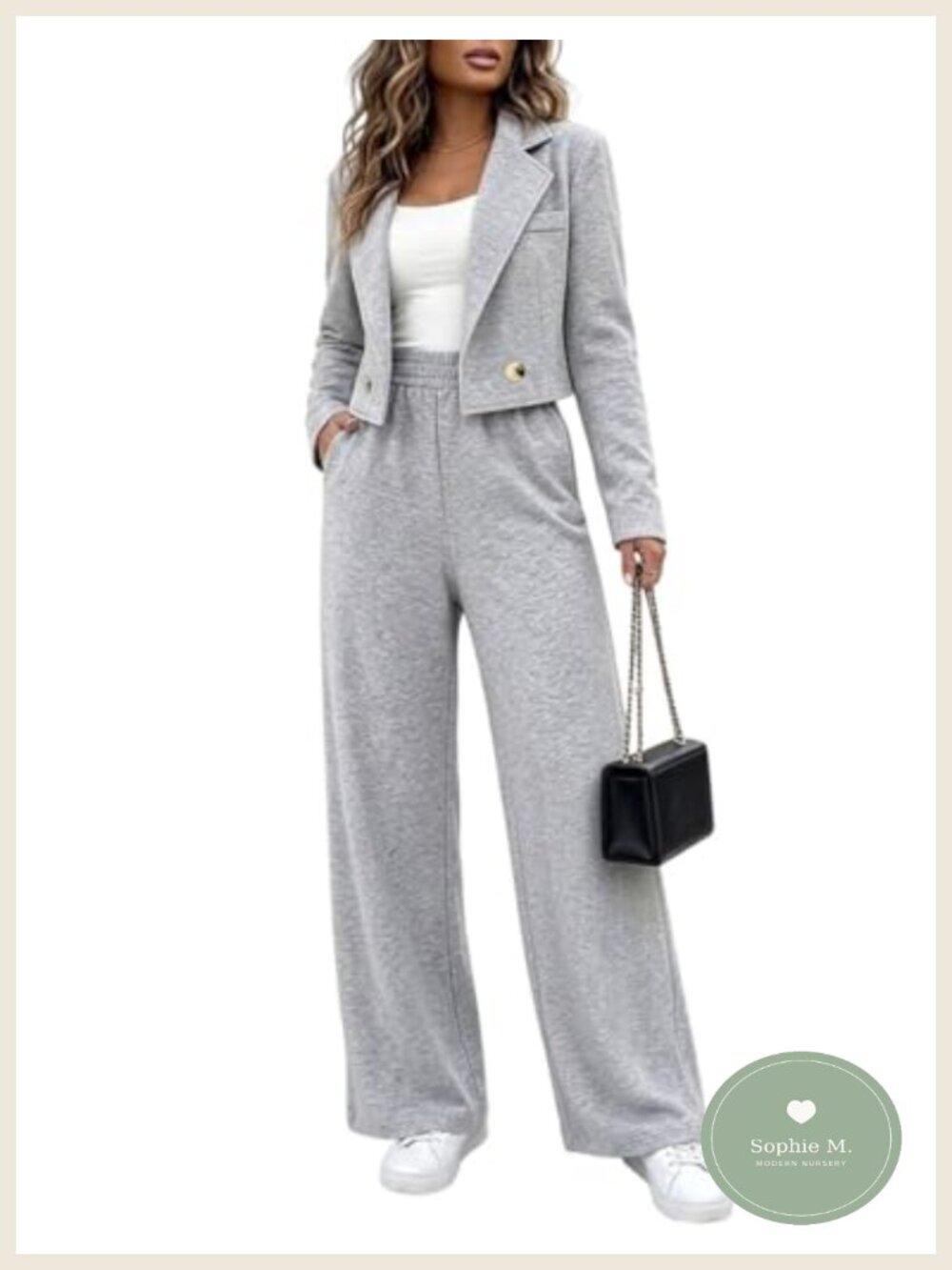CHICME Women's 2 Piece Pant Set Cropped Blazer Wide Leg Pants